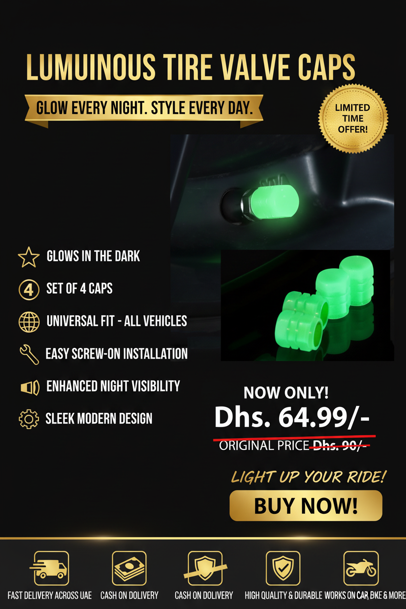 Car Luminous Tire Valve Cap - Gold & Black Promotional Banner Dhs. 64.99