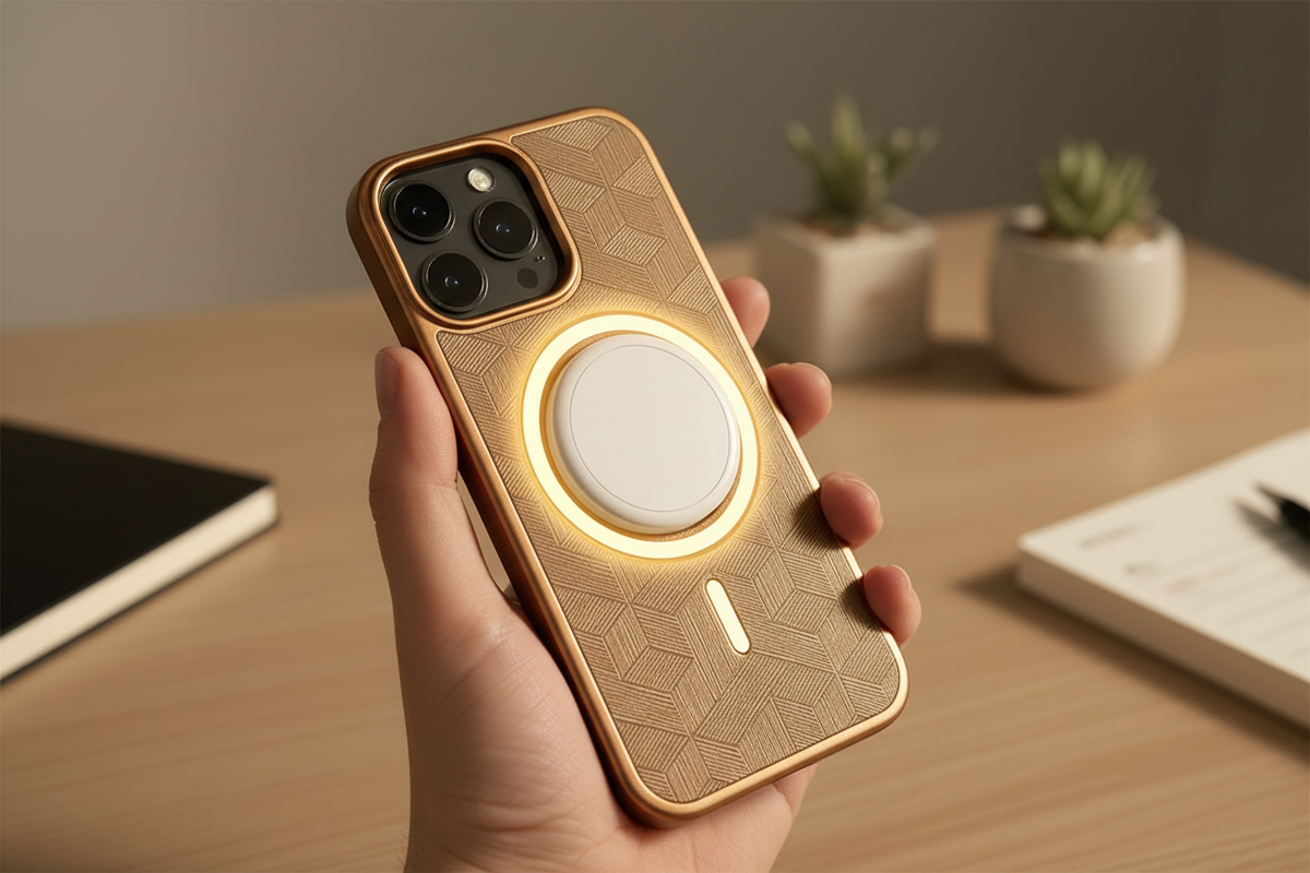 Geometric MagSafe Case golden lifestyle shot with MagSafe snap
