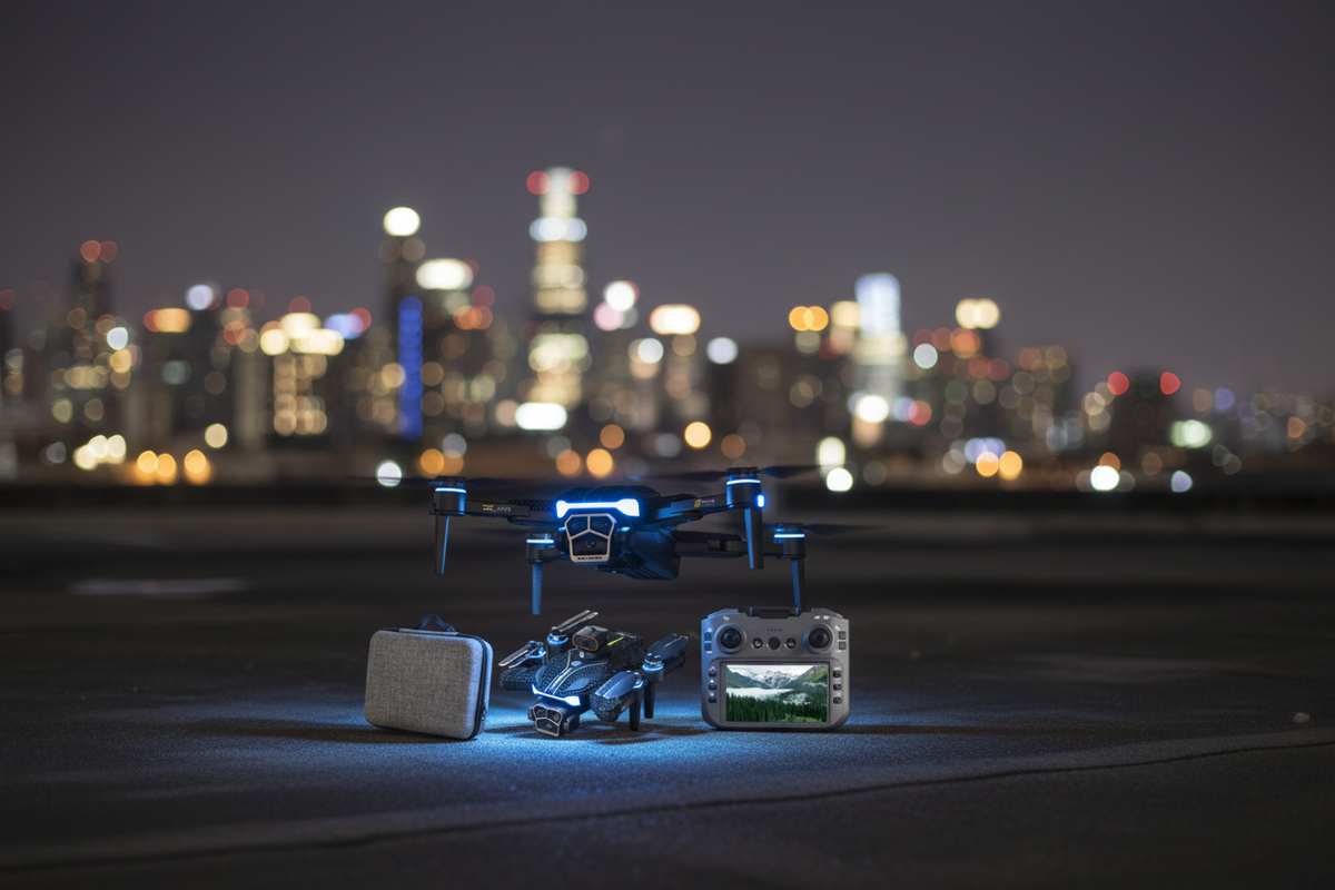 GPS Drone on urban rooftop at night with city lights