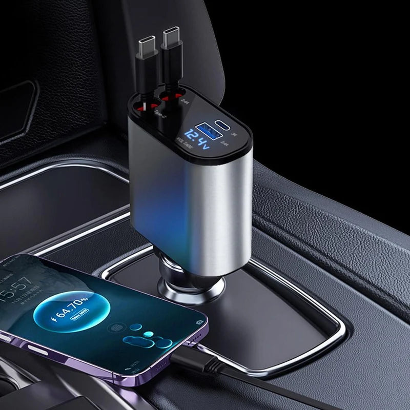 4-in-1 Retractable Car Charger with Digital Voltage Display