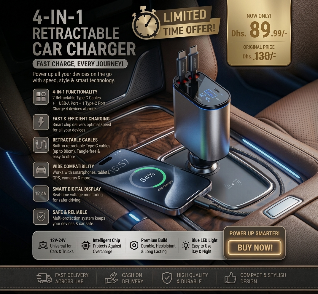 4-in-1 Retractable Car Charger with Digital Voltage Display