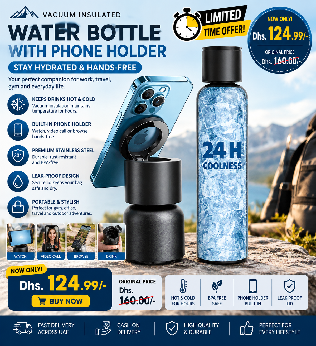 Vacuum Insulated Water Bottle with Phone Holder