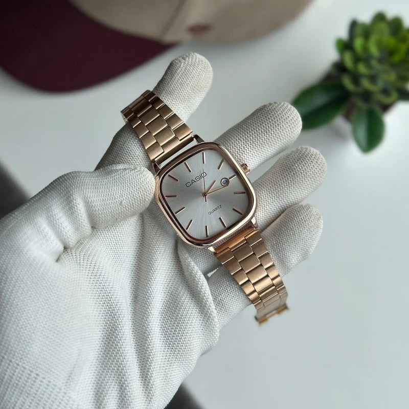 Casio square watch with rose gold metal bracelet