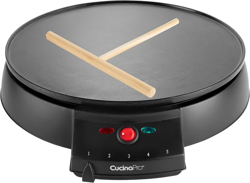 CucinaPro Electric Crepe Maker non-stick surface with accessories