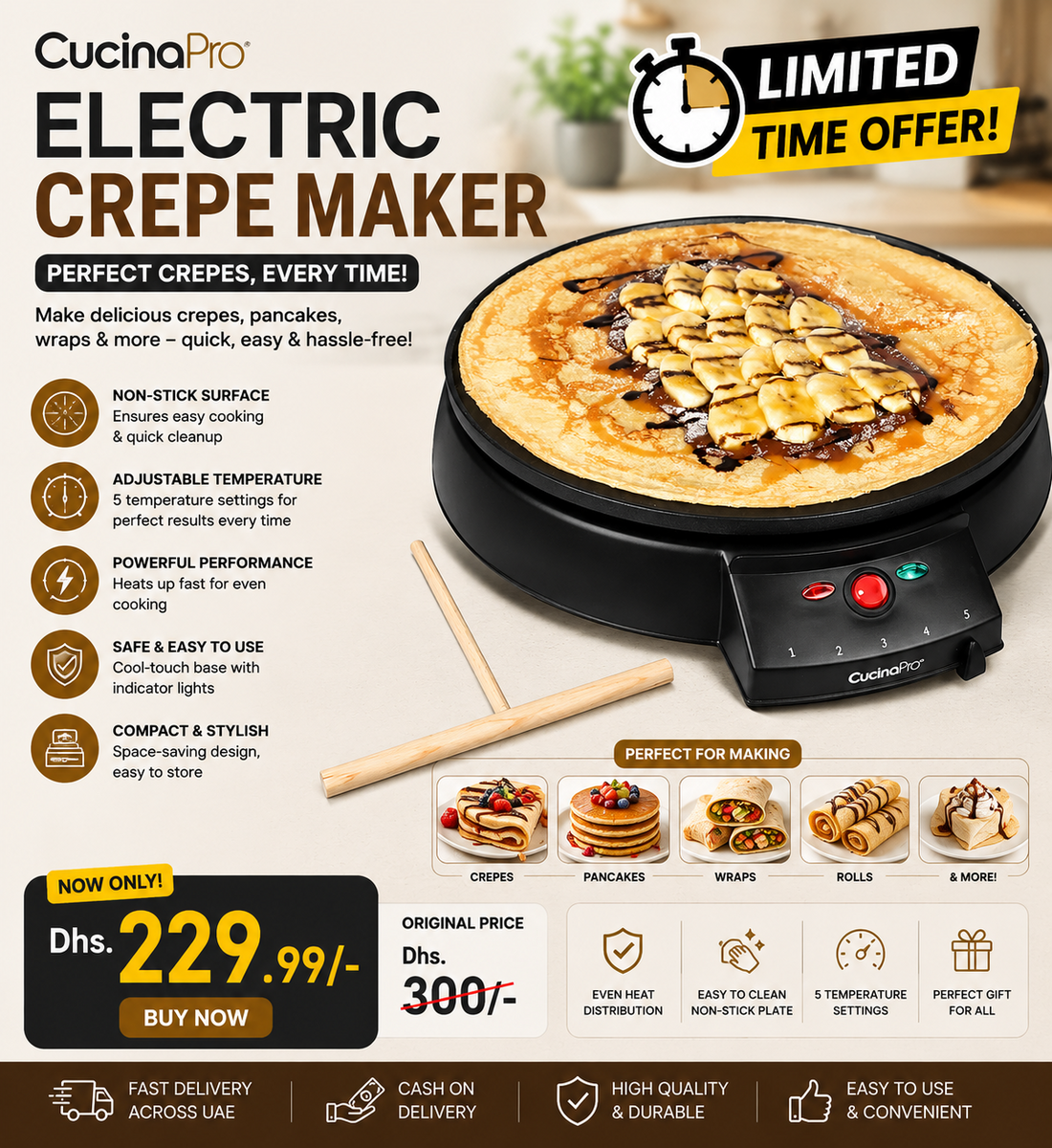 CucinaPro Electric Crepe Maker with crepe and wooden spreader