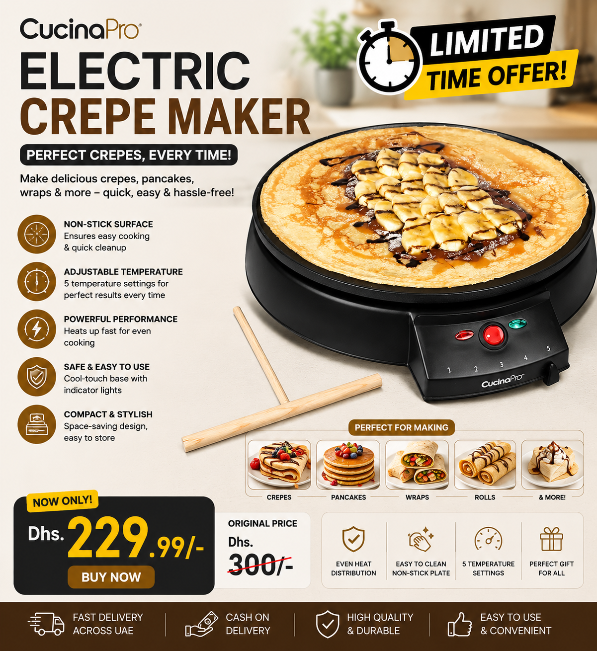 CucinaPro Electric Crepe Maker with crepe and wooden spreader