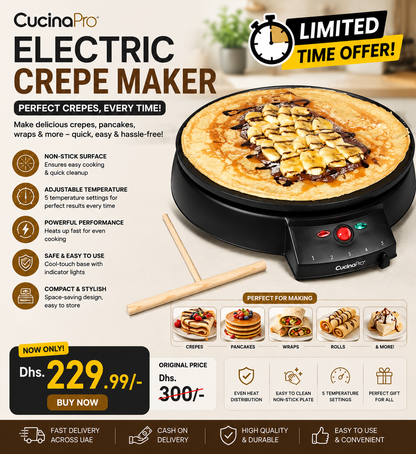 CucinaPro Electric Crepe Maker with crepe and wooden spreader