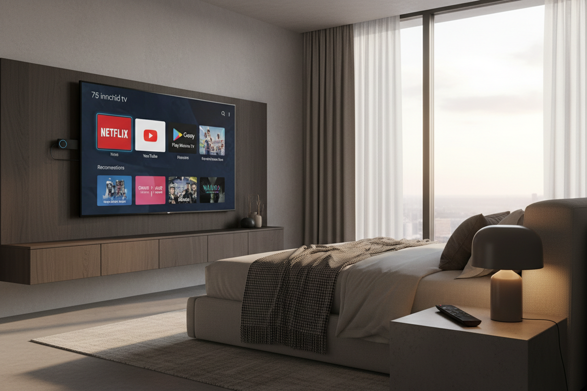 Android TV Stick bedroom setup with apps on screen