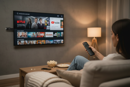 Android TV Stick in living room on wall-mounted TV