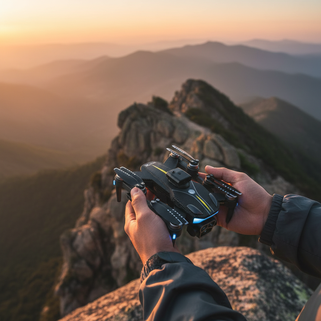 GPS Drone held on mountain cliff at golden hour