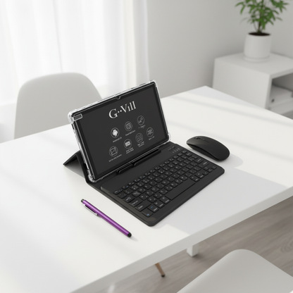 G-Vill G2000 tablet with keyboard mouse and stylus on white desk