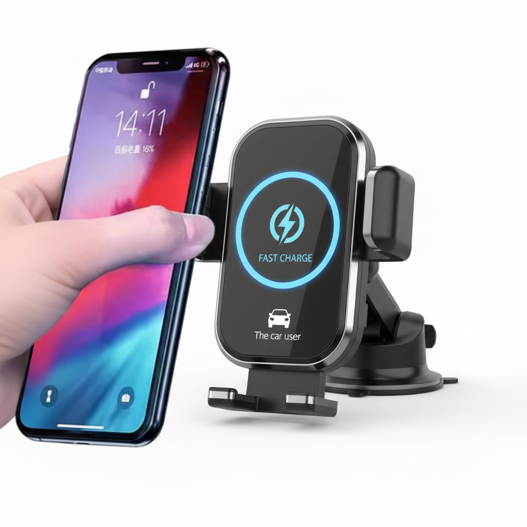 Wireless Quick Charger Car Holder with large iPhone being placed into mount