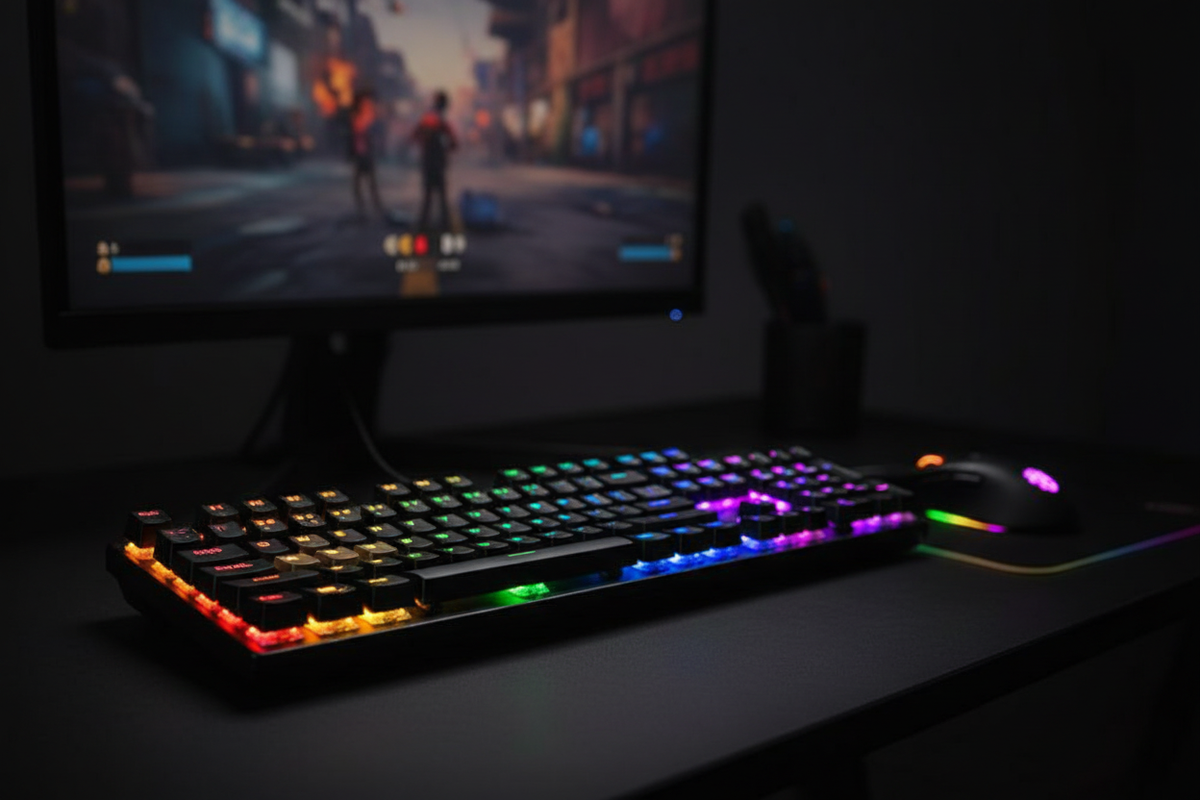 Mechanical Gaming Keyboard lifestyle dark gaming desk setup
