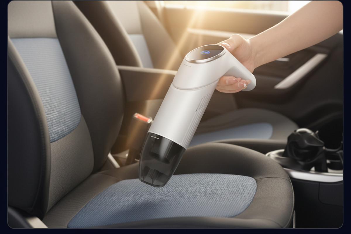 Hand using Hoco ZP6 vacuum cleaner on car seat
