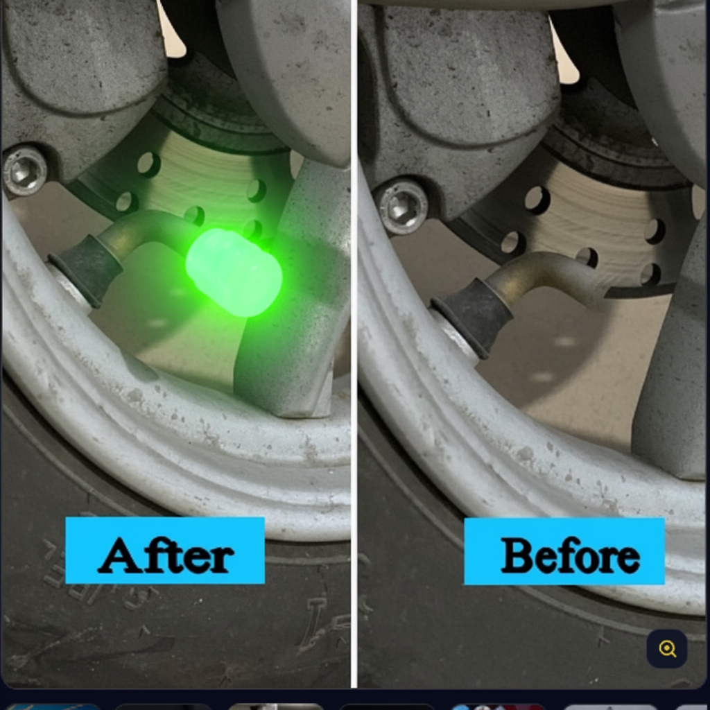 Before and after comparison of tire valve cap installation