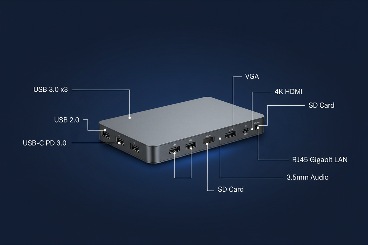 14-in-1 USB-C Docking Station port infographic with labeled callouts