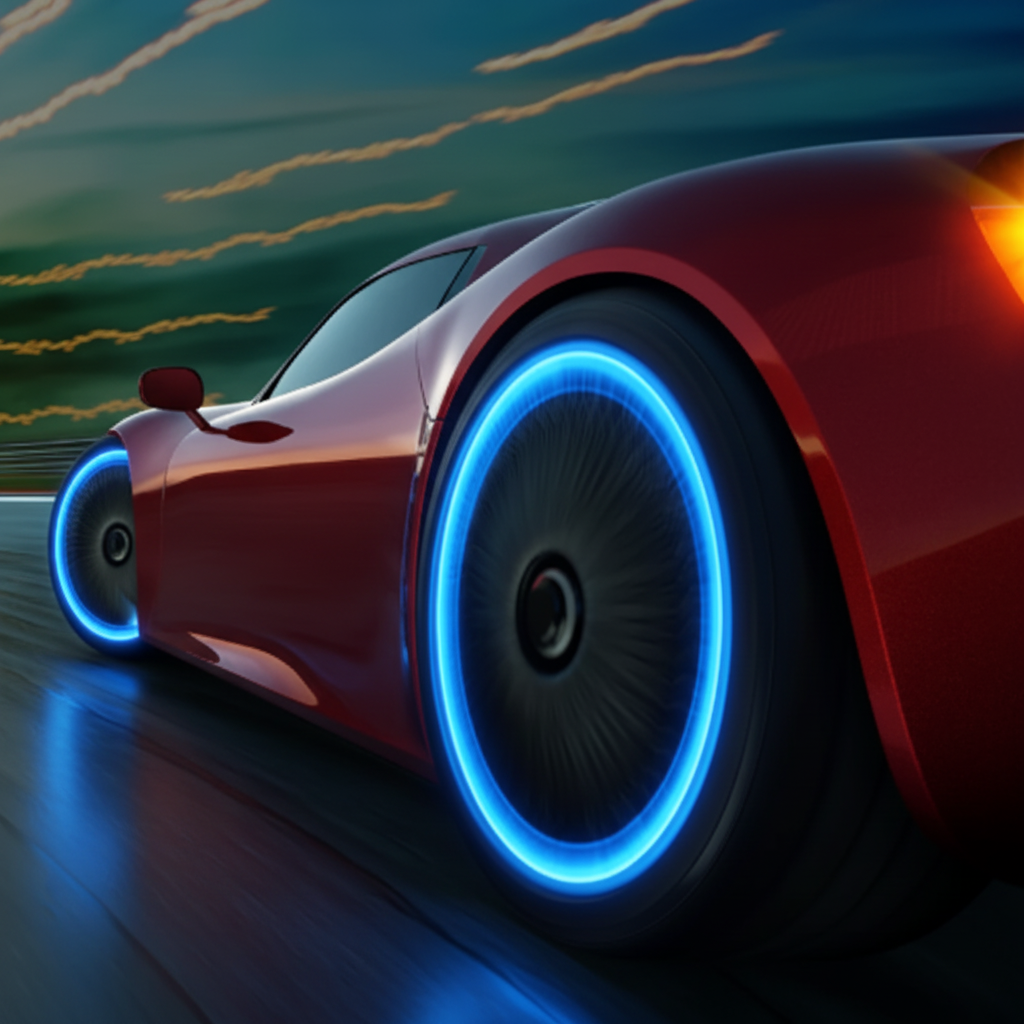 Sports car with neon green glowing tire rims at night