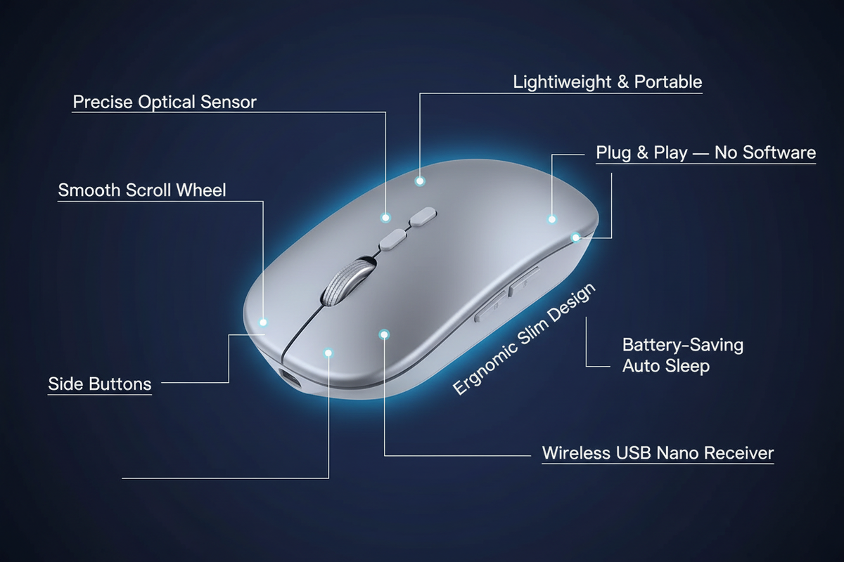 Wireless Photoelectric Mouse navy feature infographic