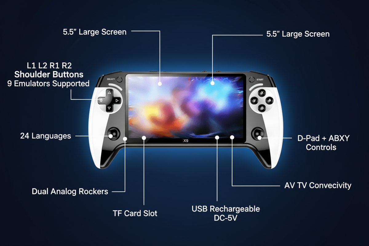 Black Hawk X9 handheld game console feature infographic