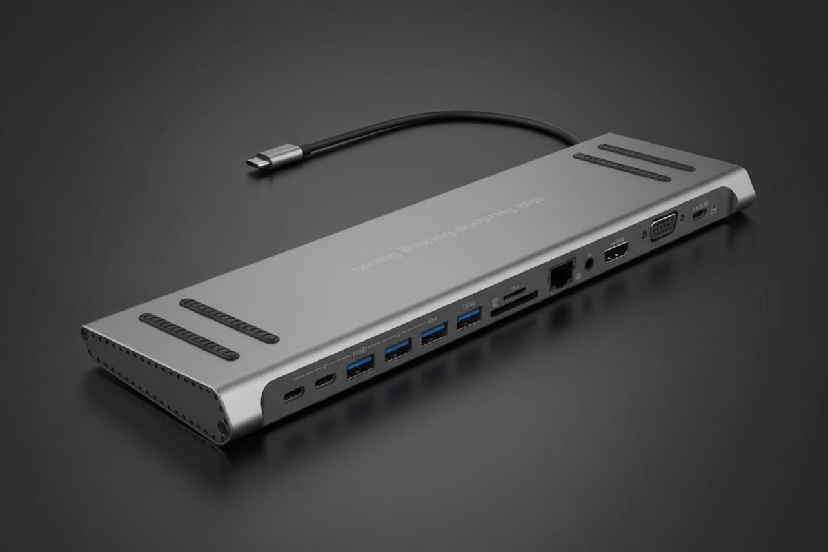14-in-1 USB-C Docking Station dark studio shot showing all ports