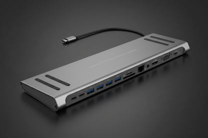 14-in-1 USB-C Docking Station dark studio shot showing all ports