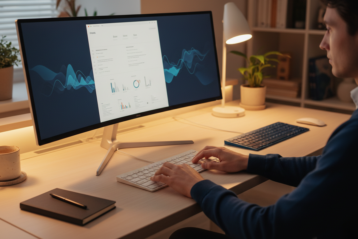 Person typing on white wireless keyboard connected to monitor