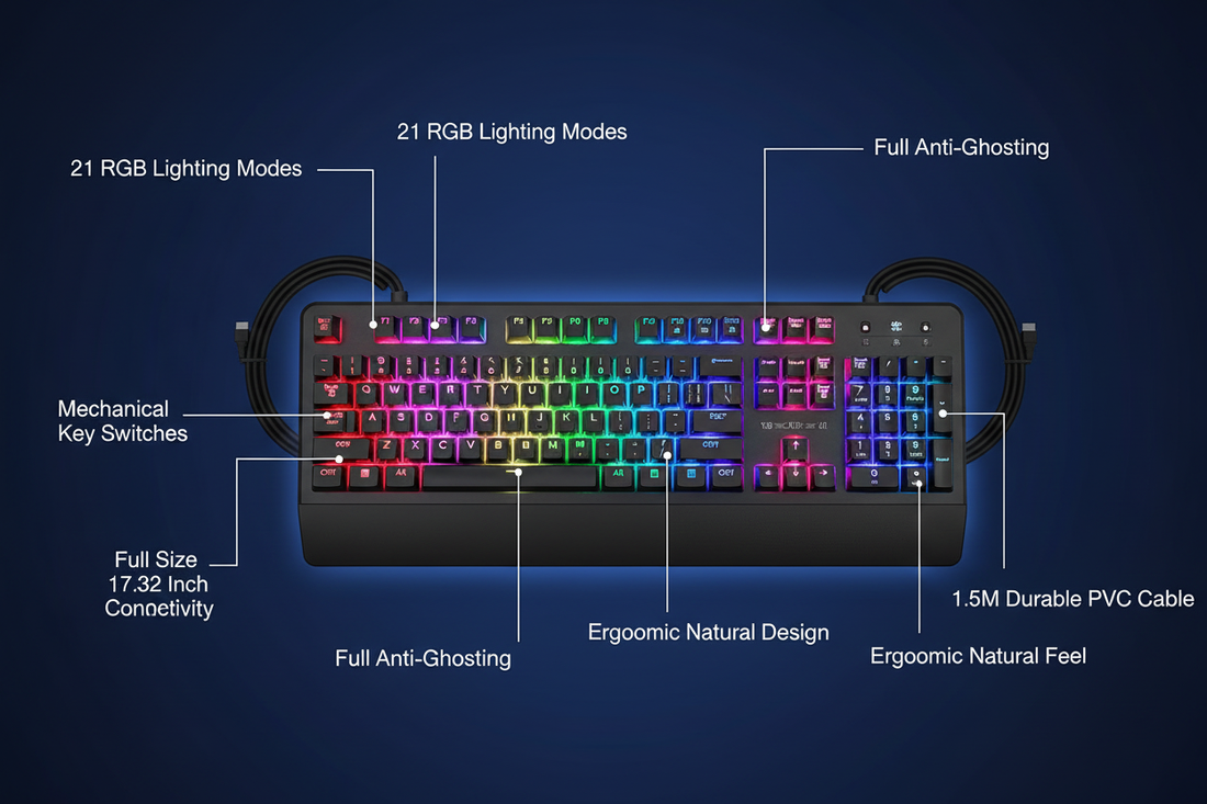Mechanical Gaming Keyboard navy feature infographic