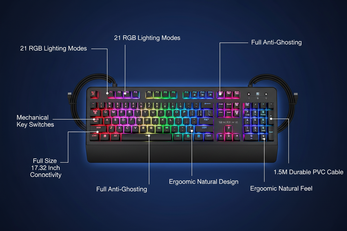Mechanical Gaming Keyboard navy feature infographic