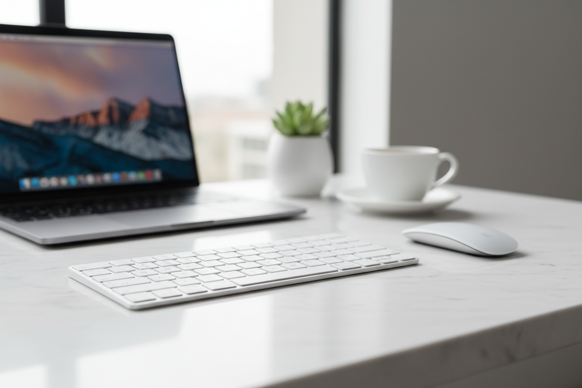 White wireless keyboard and mouse on clean marble desk