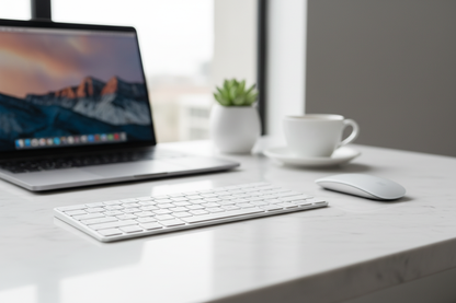 White wireless keyboard and mouse on clean marble desk