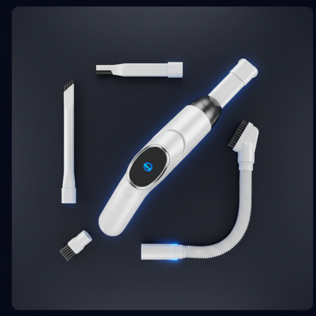 Hoco ZP6 vacuum cleaner flat lay with attachments on navy surface