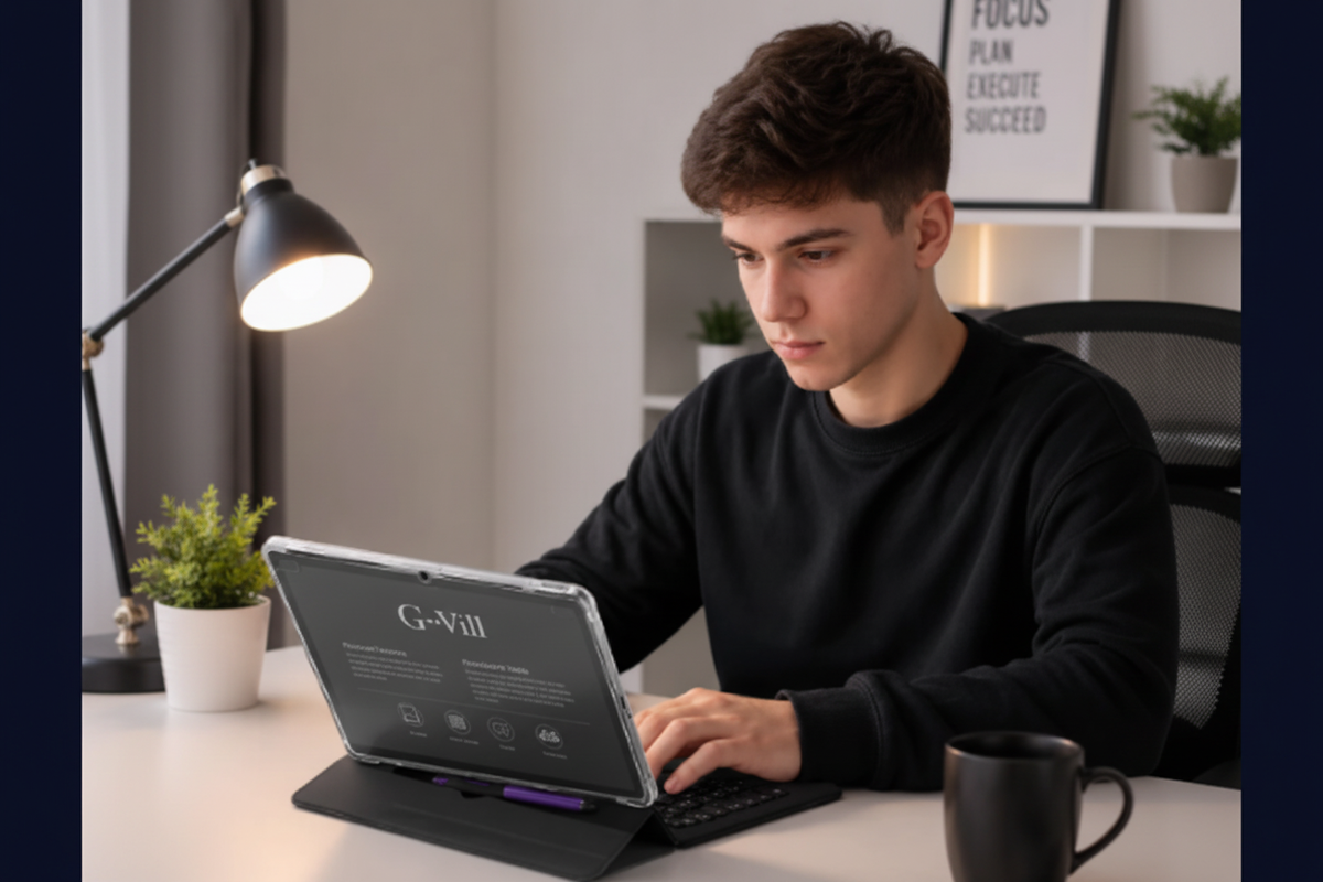 Professional using G-Vill G2000 tablet in home office