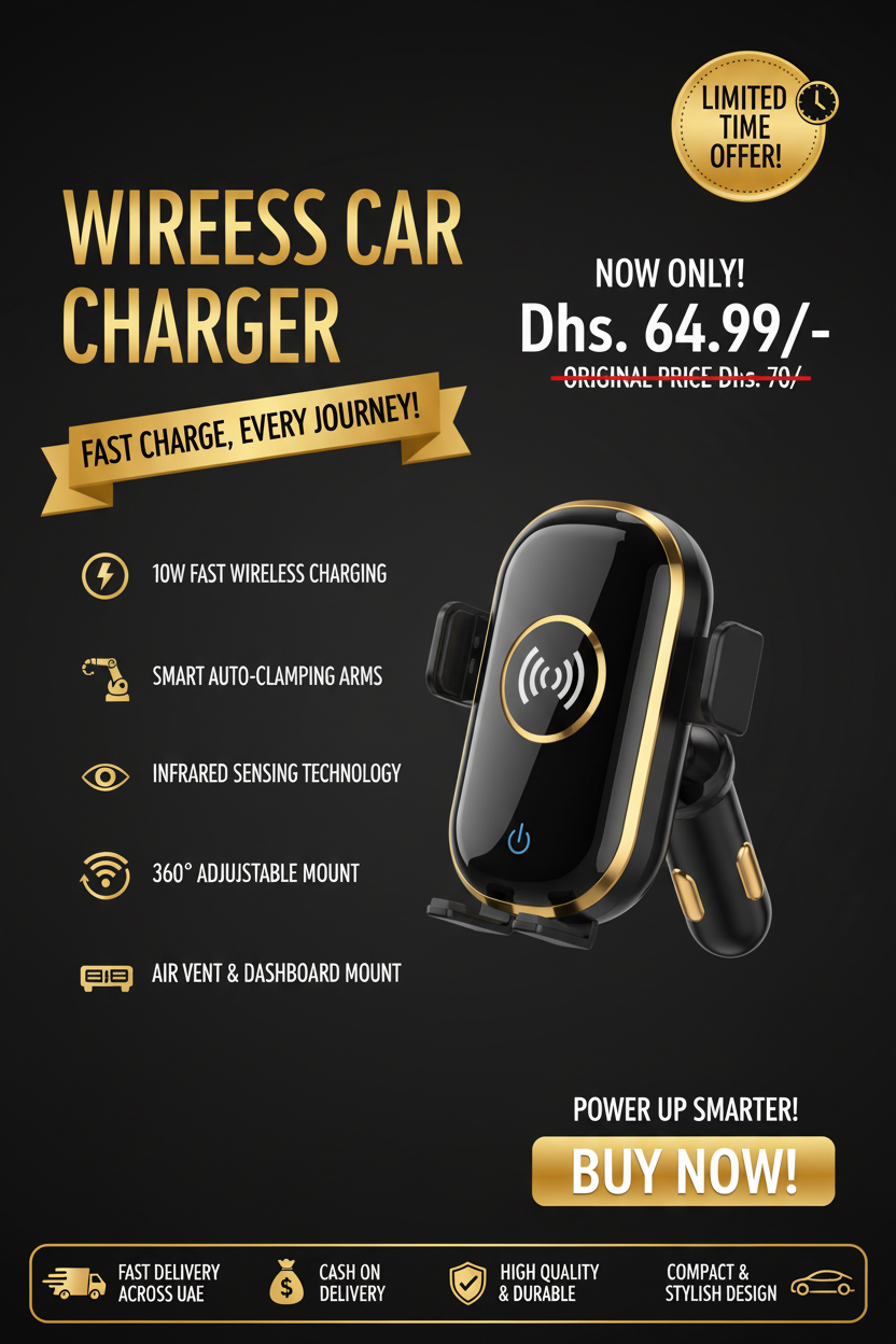Auto Clamping Wireless Car Charger - Gold &amp; Black Promotional Banner Dhs. 64.99