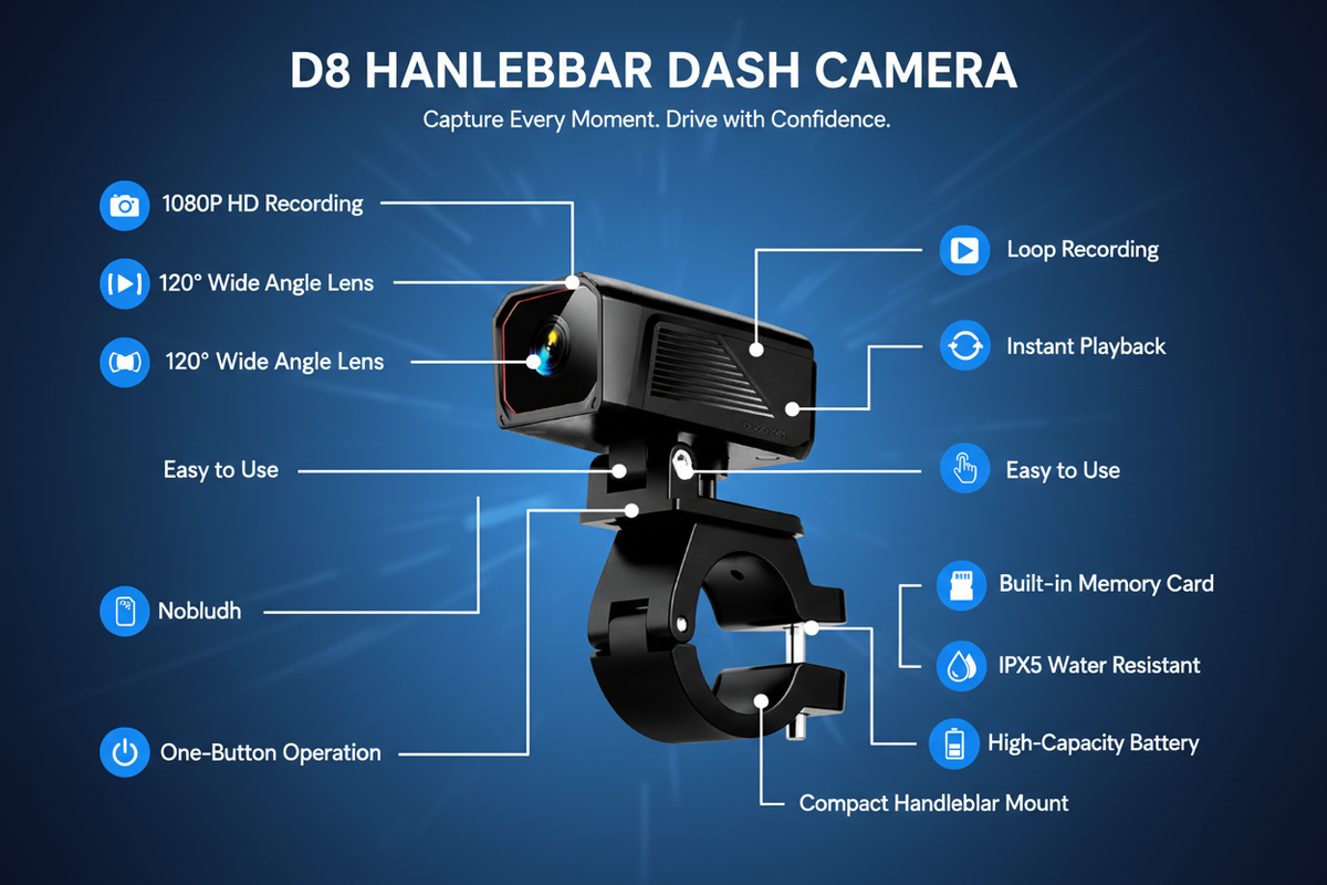 D8 Handlebar Dash Camera sky blue feature infographic
