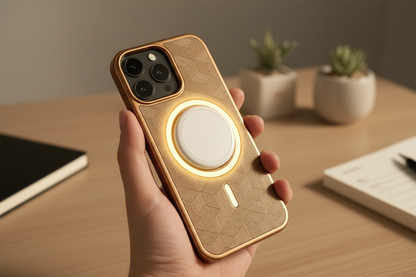 Geometric MagSafe Case golden lifestyle shot with MagSafe snap