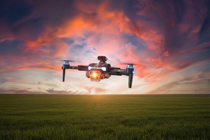 GPS Drone hovering over green field at sunset