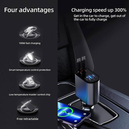 4-in-1 Retractable Car Charger with Digital Voltage Display