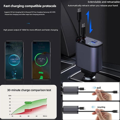 4-in-1 Retractable Car Charger with Digital Voltage Display
