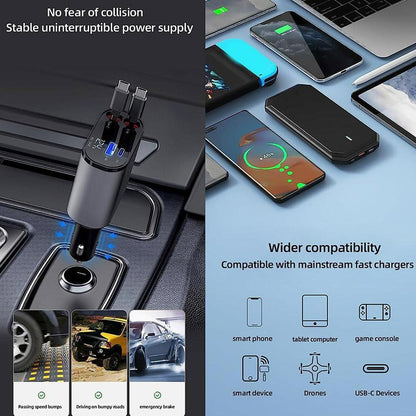 4-in-1 Retractable Car Charger with Digital Voltage Display