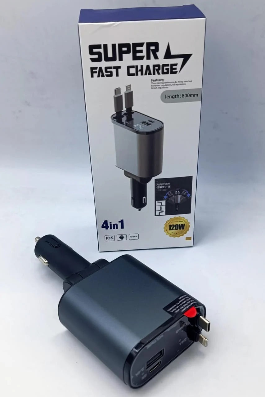 4-in-1 Retractable Car Charger with Digital Voltage Display